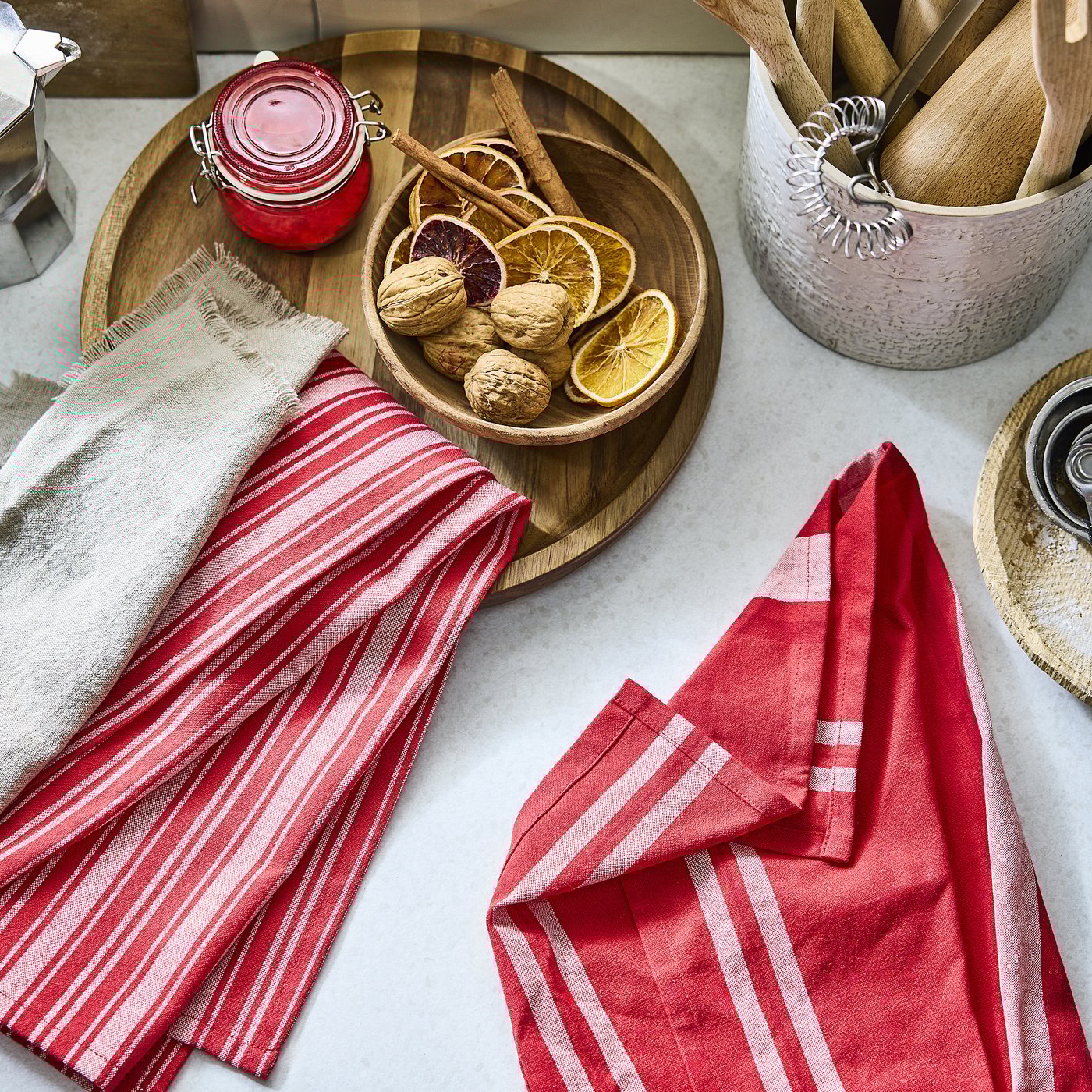 VINTERFINT tea towel, mixed patterns red/white, 70x50 cm