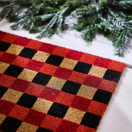 VINTERFINT door mat, coir check pattern/red/black, 40x60 cm