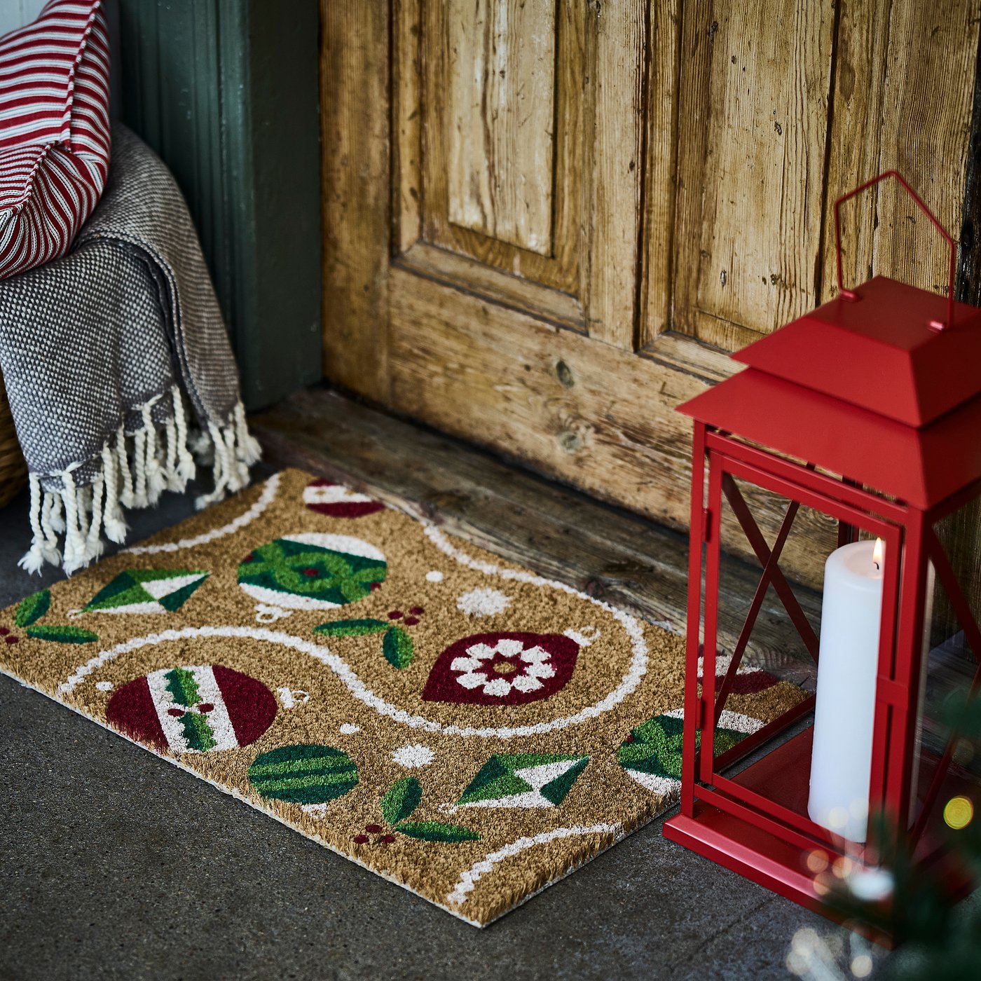 VINTERFINT door mat, Christmas bauble patterned coir/multicolour, 60x40 cm