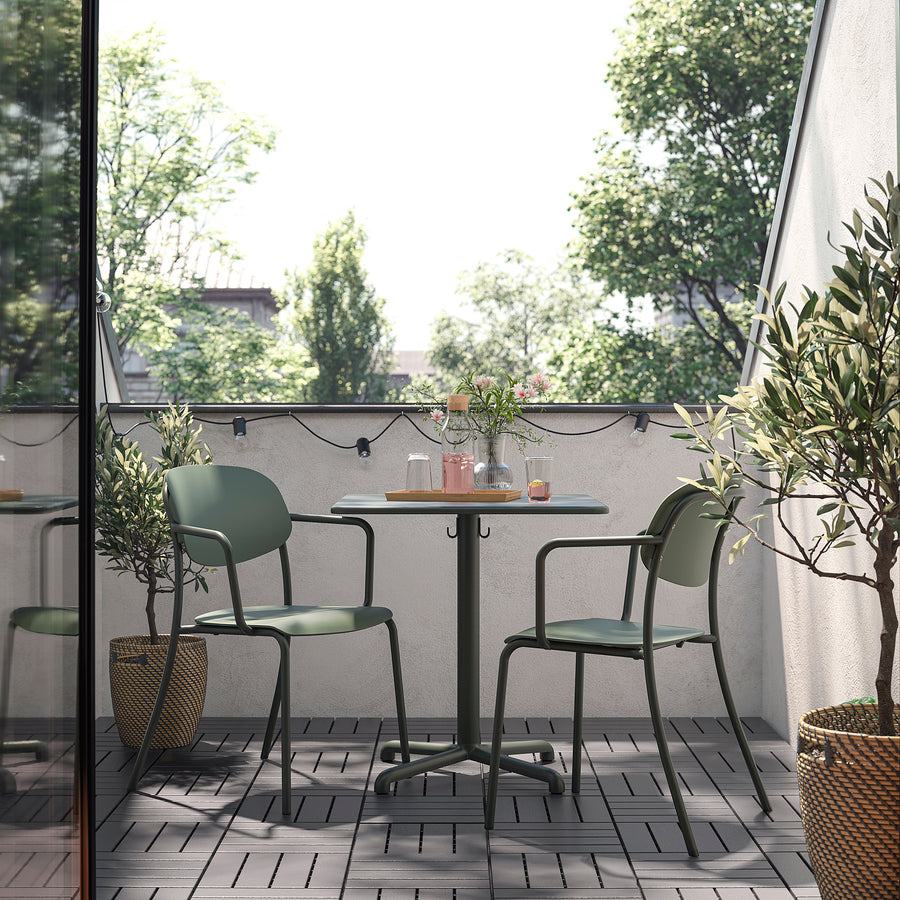 VISINGSÖ / VISINGSÖ table and 2 chairs, outdoor deep green/deep green Kuddarna light grey-beige, 70x70 cm