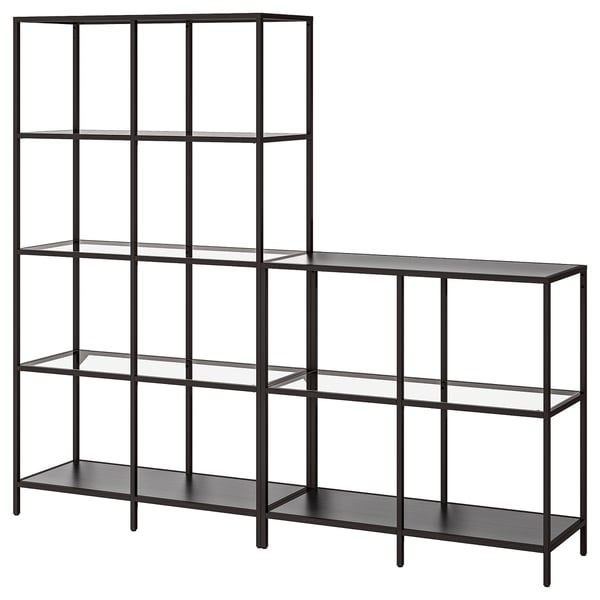 VITTSJÖ storage combination, black-brown/glass, 200x36x175 cm