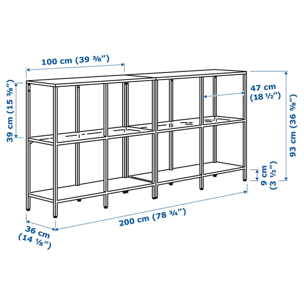 VITTSJÖ storage combination, black-brown/glass, 200x36x93 cm