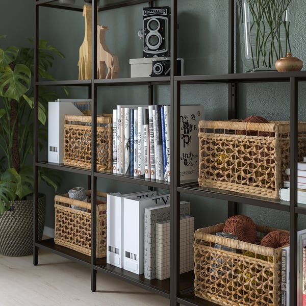 VITTSJÖ storage combination, black-brown/glass, 200x36x175 cm