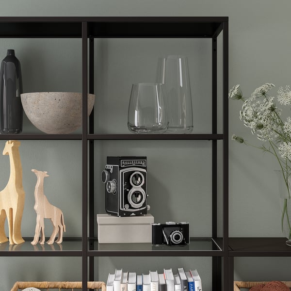 VITTSJÖ storage combination, black-brown/glass, 200x36x175 cm