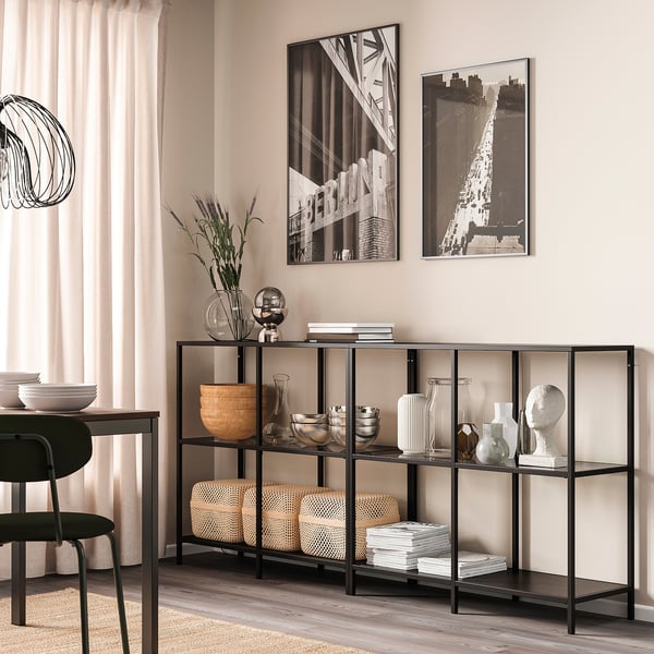 VITTSJÖ storage combination, black-brown/glass, 200x36x93 cm