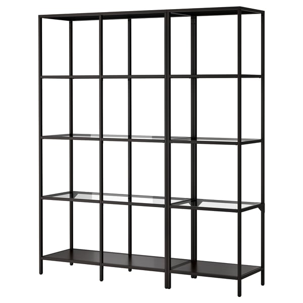 VITTSJÖ storage combination, black-brown/glass, 151x36x175 cm