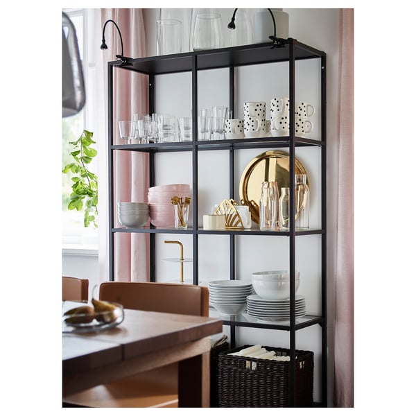VITTSJÖ shelving unit, black-brown/glass, 100x175 cm