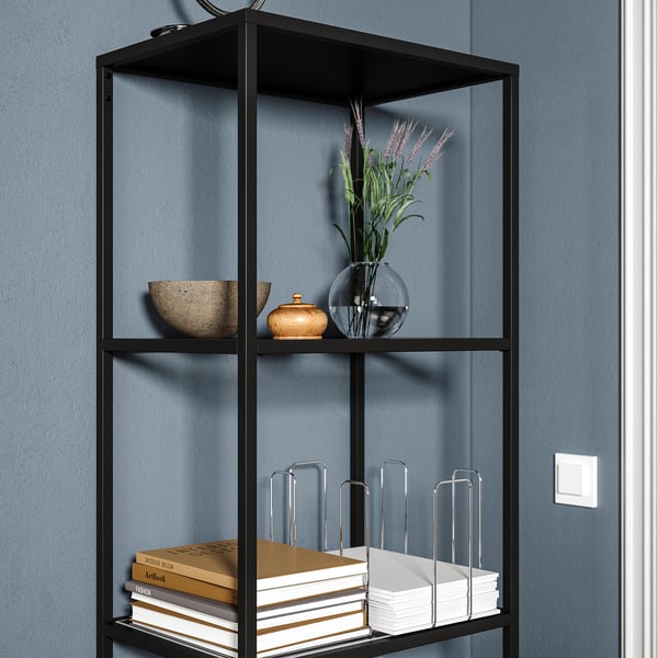 VITTSJÖ shelving unit, black-brown/glass, 51x175 cm