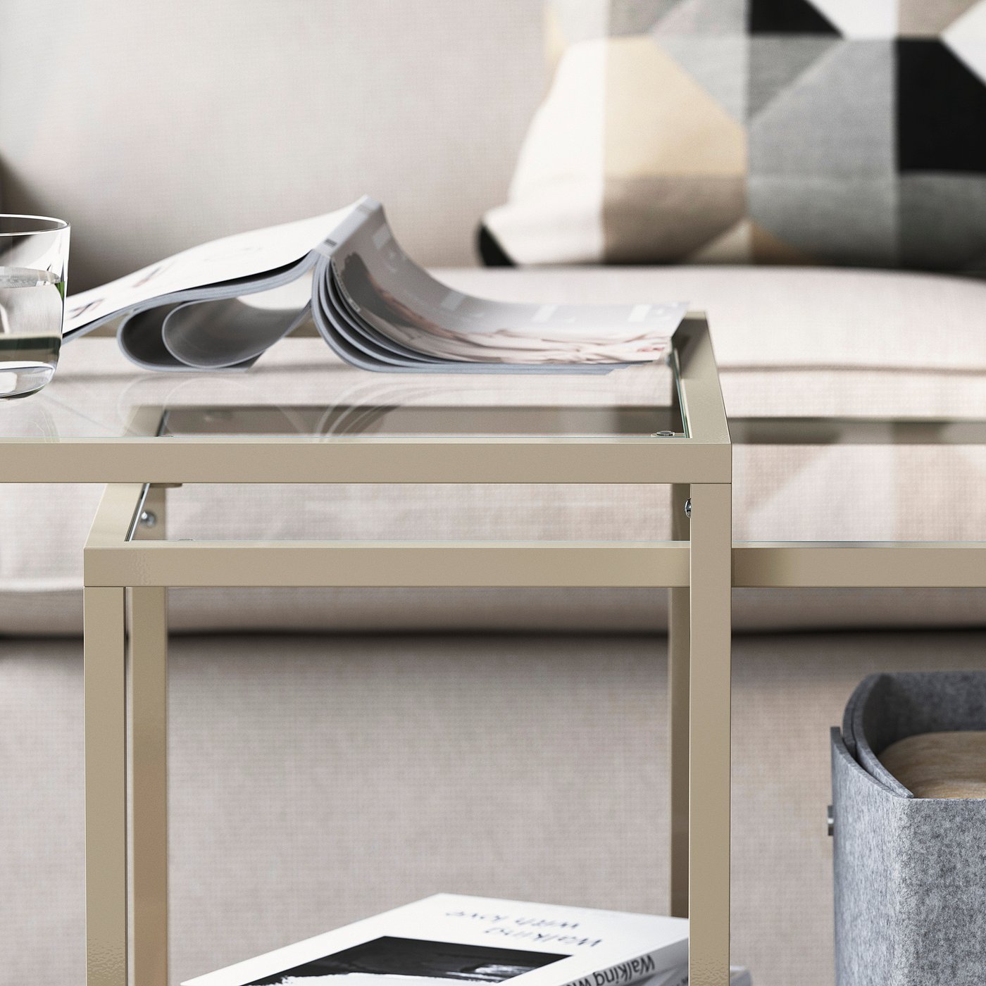 VITTSJÖ nest of tables, set of 2, light beige/glass, 90x50 cm