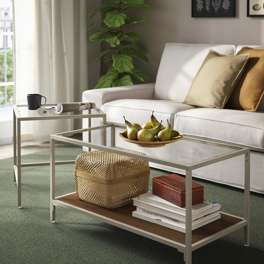 VITTSJÖ nest of tables, set of 2, light beige/glass, 90x50 cm