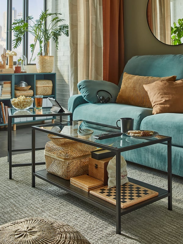 VITTSJÖ nest of tables, set of 2, black-brown/glass, 90x50 cm