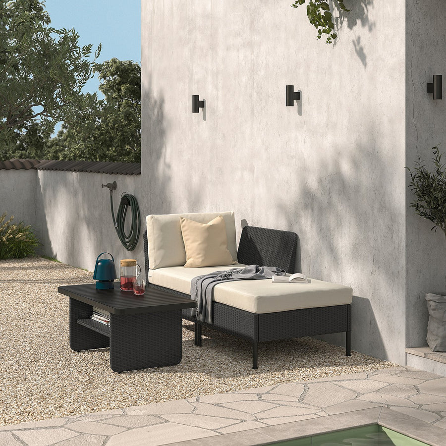 VITTSKÄR modular chaise longue, with armrest outdoor/plastic rattan dark grey Frösön/Duvholmen beige, 89 cm