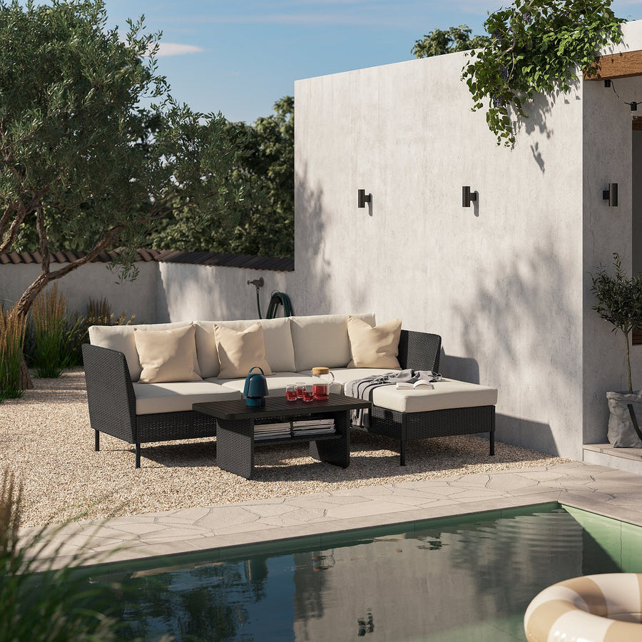 VITTSKÄR 3-seat sofa with chaise longue, armrests outdoor/plastic rattan dark grey Frösön/Duvholmen beige, 258x88x89 cm