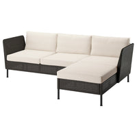 VITTSKÄR 3-seat sofa with chaise longue, armrests outdoor/plastic rattan dark grey Frösön/Duvholmen beige, 258x88x89 cm