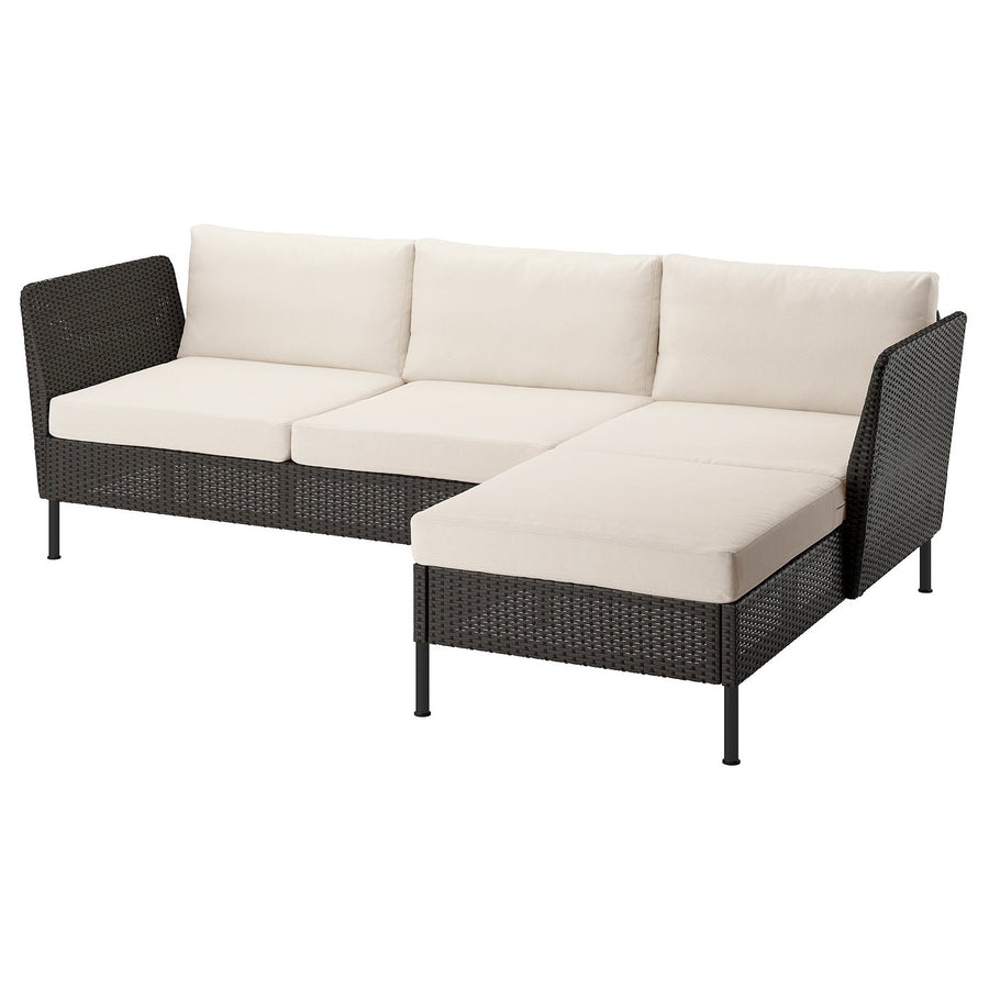 VITTSKÄR 3-seat sofa with chaise longue, armrests outdoor/plastic rattan dark grey Frösön/Duvholmen beige, 258x88x89 cm