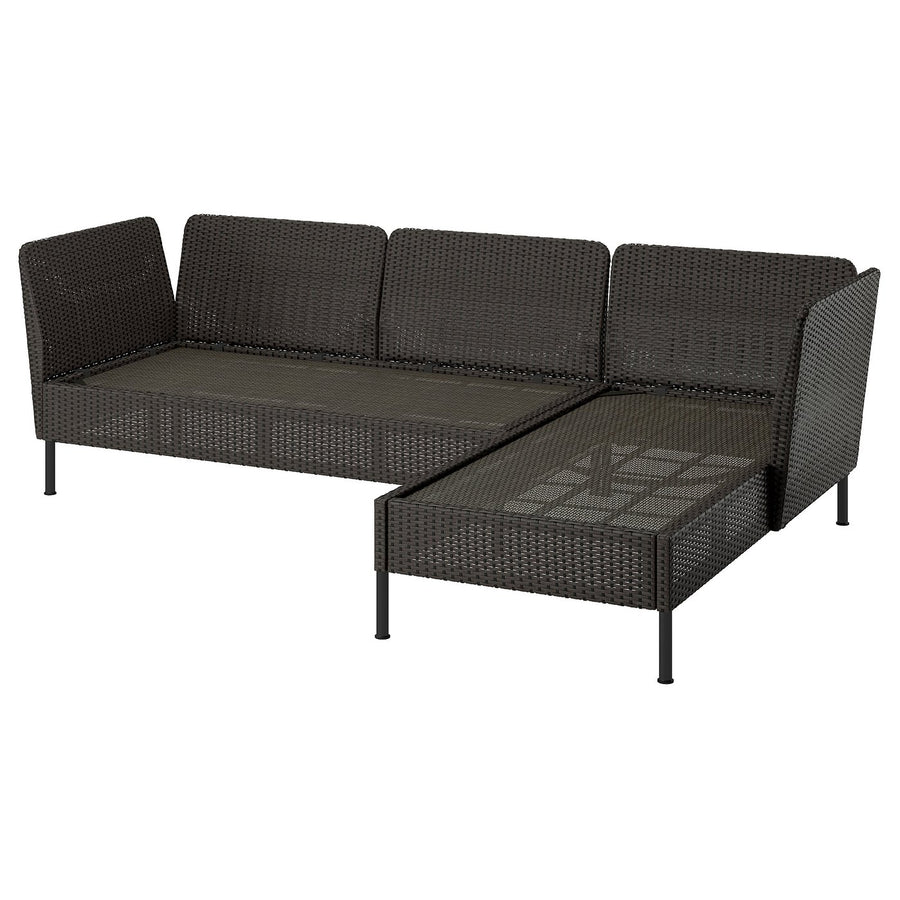 VITTSKÄR 3-seat sofa with chaise longue, armrests outdoor/plastic rattan dark grey, 258x79x89 cm