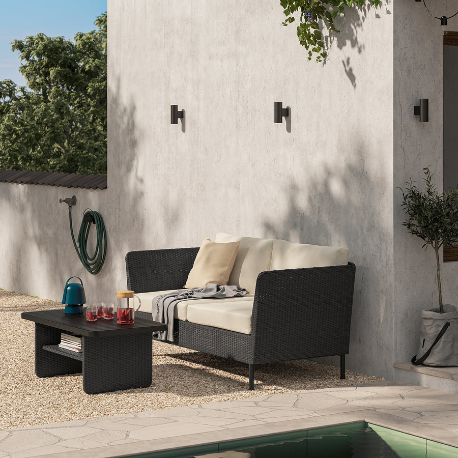 VITTSKÄR 2-seat modular sofa, armrests outdoor/plastic rattan dark grey Frösön/Duvholmen beige, 178x88x89 cm
