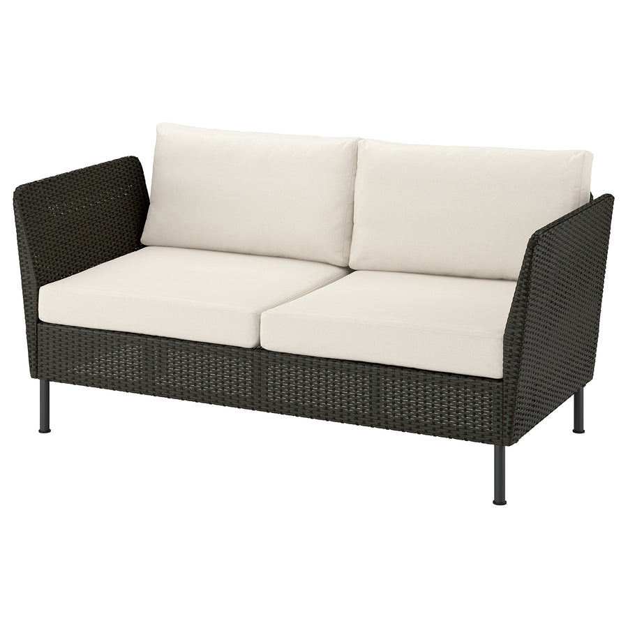VITTSKÄR 2-seat modular sofa, armrests outdoor/plastic rattan dark grey Frösön/Duvholmen beige, 178x88x89 cm