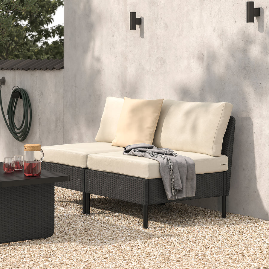 VITTSKÄR 2-seat modular sofa, outdoor plastic rattan dark grey/Frösön/Duvholmen beige, 160x88x89 cm