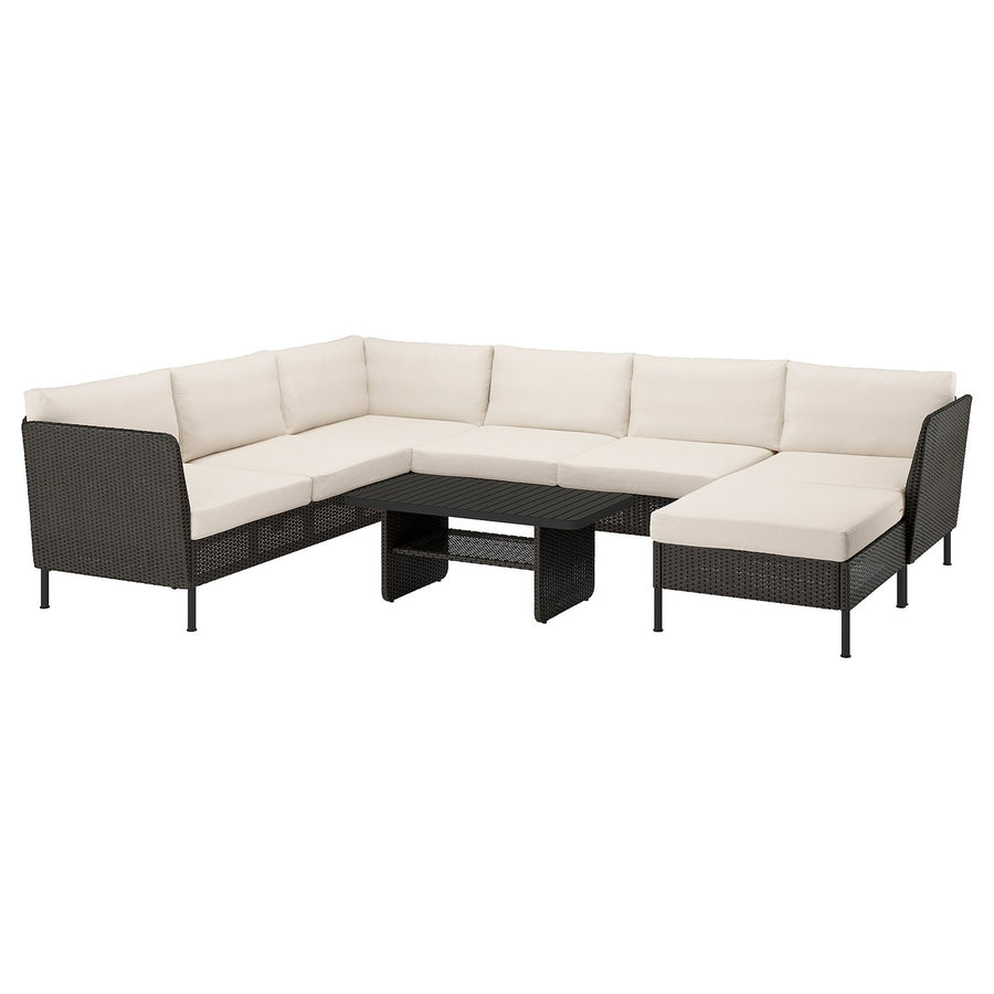 VITTSKÄR 5-seat conversation set, outdoor, with chaise longue/plastic rattan dark grey Frösön/Duvholmen beige, 110x58 cm