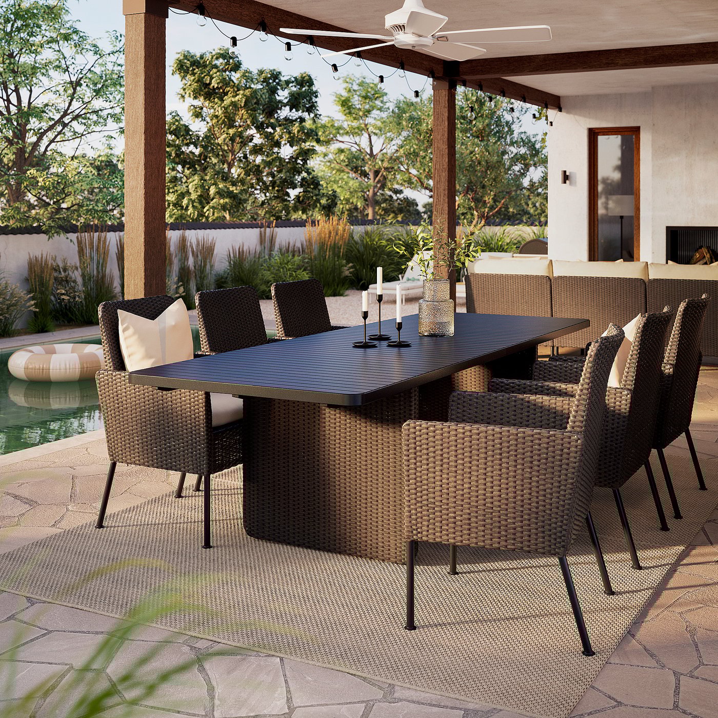 VITTSKÄR table and 8 chairs, outdoor plastic rattan dark grey/Frösön/Duvholmen beige, 264x59 cm