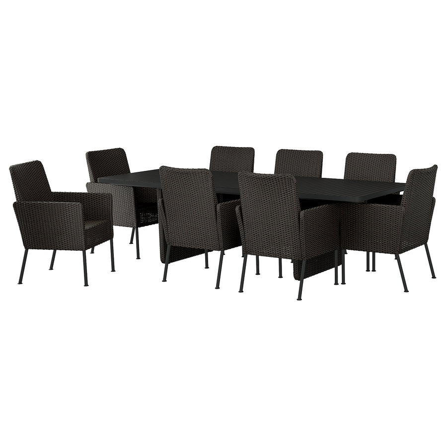 VITTSKÄR table and 8 chairs, outdoor plastic rattan dark grey, 264x96 cm