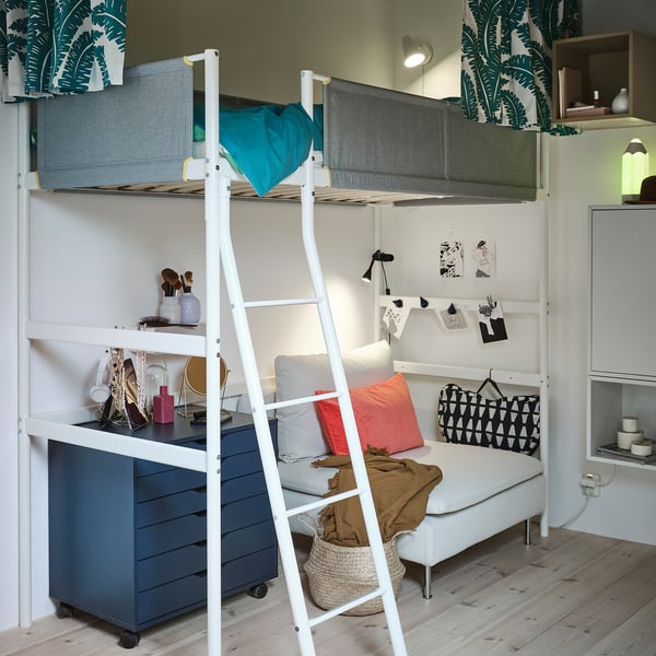 VITVAL loft bed frame, white/light grey, 90x200 cm