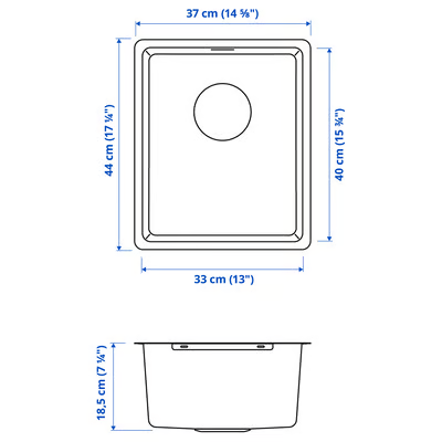 VRESJÖN inset sink, 1 bowl, stainless steel, 37x44 cm