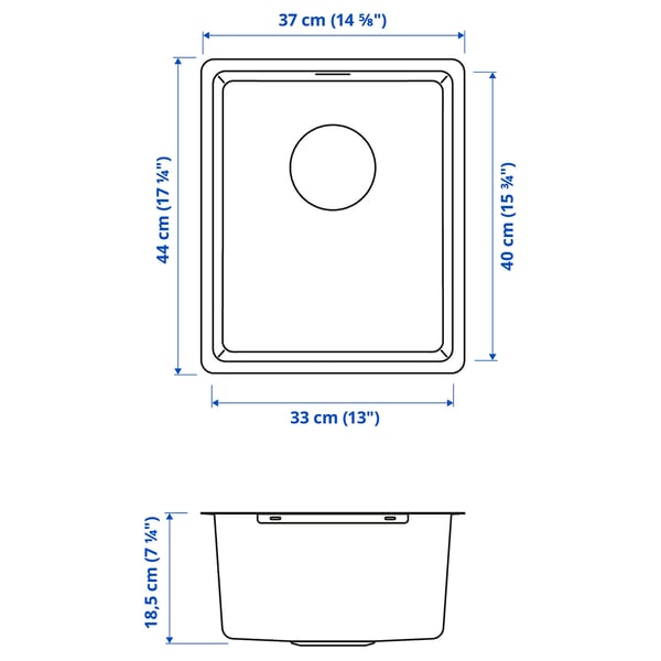 VRESJÖN inset sink, 1 bowl, stainless steel, 37x44 cm