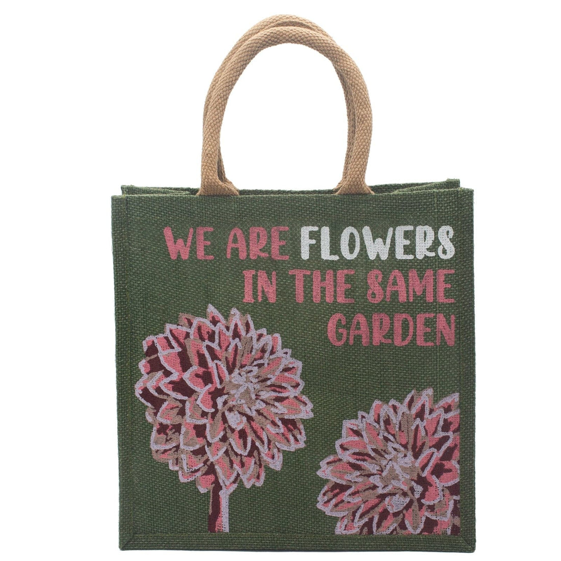 Printed Jute Bag - We are Flowers - Olive - best price from Maltashopper.com PJB-03A