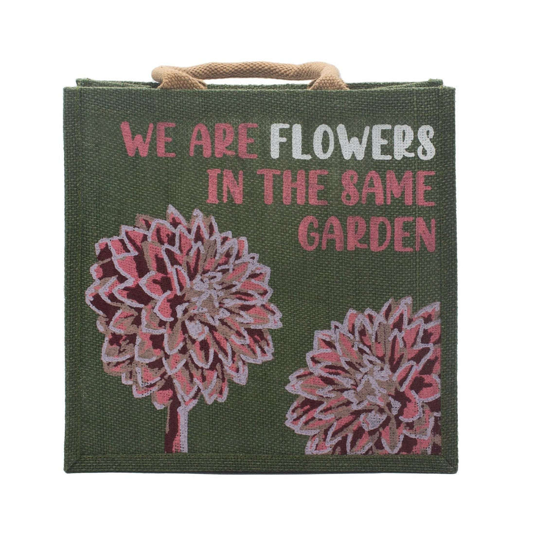 Printed Jute Bag - We are Flowers - Olive - best price from Maltashopper.com PJB-03A