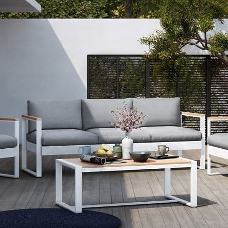 IBIZA -Coffee set, 5seats, sofa, 2 armchairs , table, aluminium, eucalyptus, white