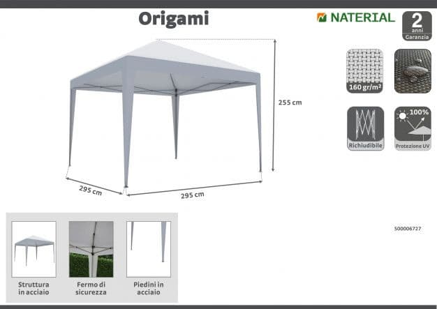 Bricocenter EORI ORIGAMI NATERIAL - Gazebo - Steel and White Polyester Tarp - 2.95x2.95 m