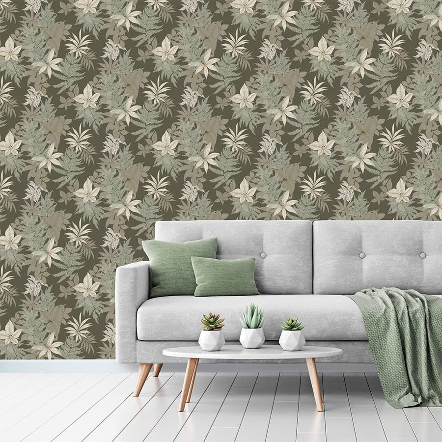 FERN WALLPAPER WHITE ON GREEN BACKGROUND 53CMX10.5M