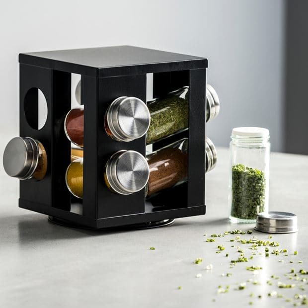 Casa INDUSTRY Spice rack carousel with 8 black jars, H 17,5 x W 17,2 x D 17,2 cm