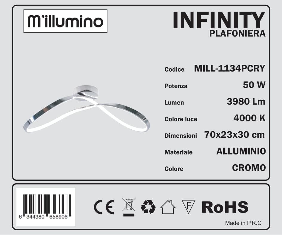 INFINITY ALUMINIUM CEILING LAMP CHROME 70X23CM LED 45W NATURAL LIGHT