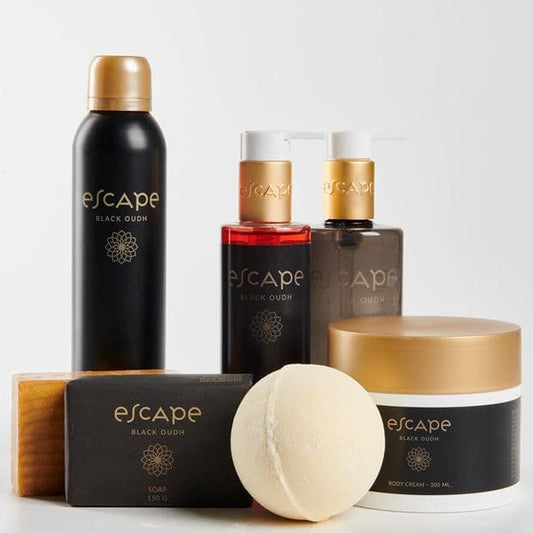 Casa ESCAPE BLACK OUDH Shower gel in a black bottle,
