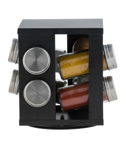 Casa INDUSTRY Spice rack carousel with 8 black jars, H 17,5 x W 17,2 x D 17,2 cm