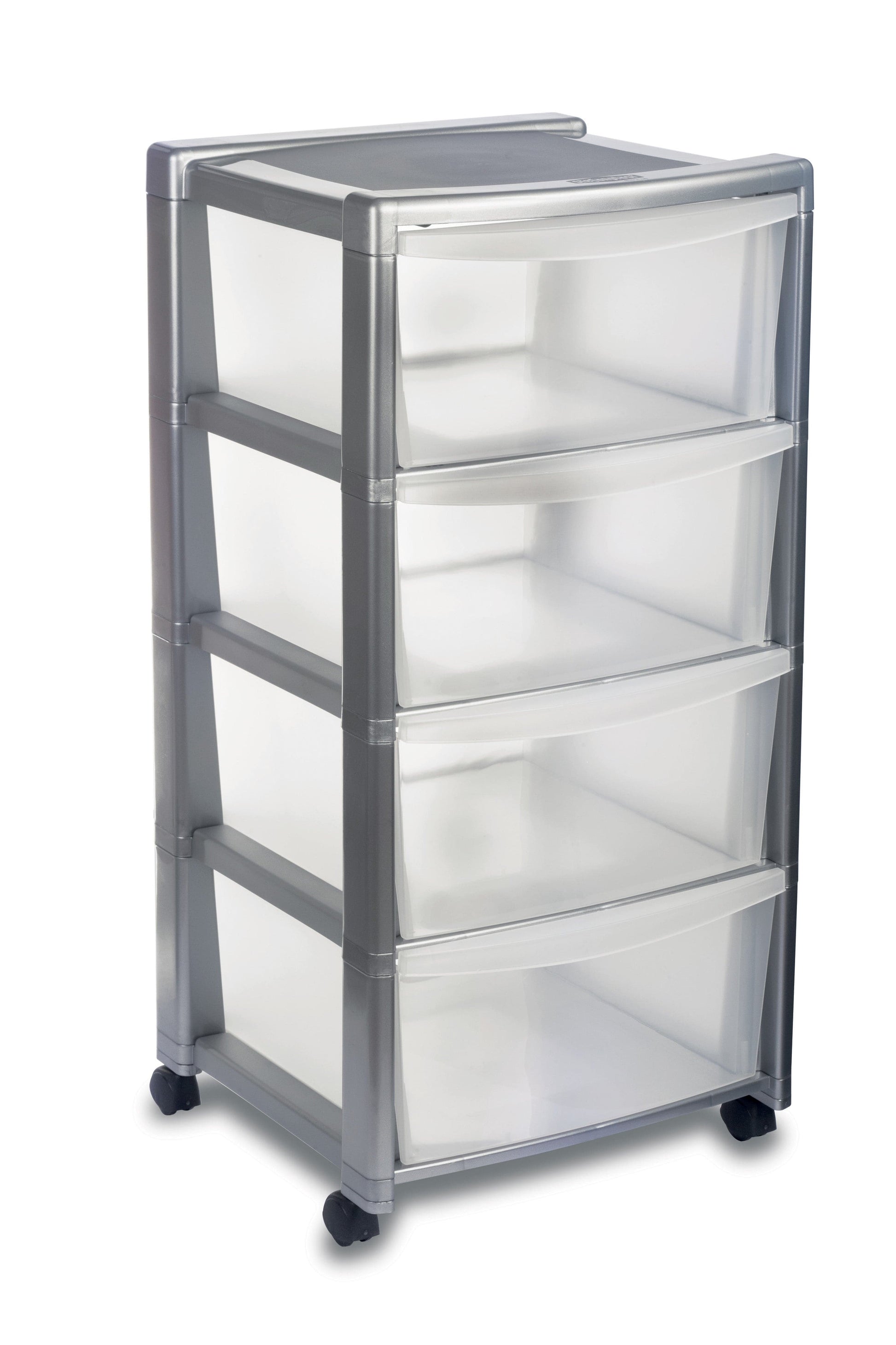 SILVER CABINET 4 TRANSPARENT DRAWERS H80xW40xD40CM PLASTIC CABINET WITH WHEELS