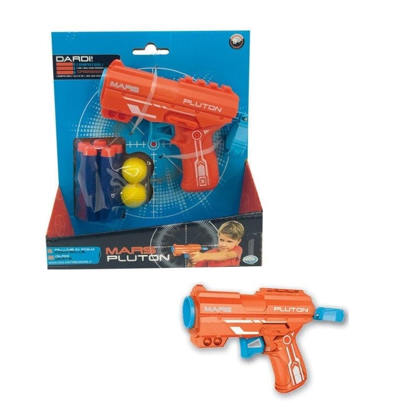 Mars Pluton Shooting Gun And Balls Cm. 15.6*3*9.9 Spring Loaded 2 Balls And 5 Darts Included