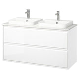 ÄNGSJÖN / BACKSJÖN wash-stnd w drawers/wash-basin/taps, high-gloss white/white marble effect, 122x49x71 cm