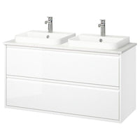 ÄNGSJÖN / BACKSJÖN wash-stnd w drawers/wash-basin/taps, high-gloss white/white marble effect, 122x49x71 cm