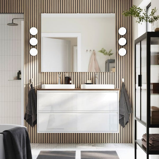 Ikea ÄNGSJÖN / BACKSJÖN - Washing/drawer/blender cabinet, glossy white/brown walnut effect,122x49x71 cm