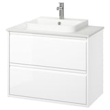 ÄNGSJÖN / BACKSJÖN wash-stnd w drawers/wash-basin/tap, high-gloss white/white marble effect, 82x49x71 cm