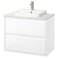 ÄNGSJÖN / BACKSJÖN wash-stnd w drawers/wash-basin/tap, high-gloss white/white marble effect, 82x49x71 cm