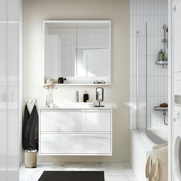 Ikea ÄNGSJÖN / BACKSJÖN - Washbasin/drawer unit/misc, glossy white/marble white effect,102x49x71 cm