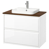 ÄNGSJÖN / BACKSJÖN wash-stnd w drawers/wash-basin/tap, high-gloss white/brown walnut effect, 82x49x71 cm