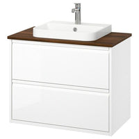 ÄNGSJÖN / BACKSJÖN wash-stnd w drawers/wash-basin/tap, high-gloss white/brown walnut effect, 82x49x71 cm