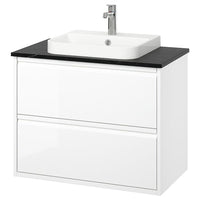 ÄNGSJÖN / BACKSJÖN wash-stnd w drawers/wash-basin/tap, high-gloss white/black marble effect, 82x49x71 cm