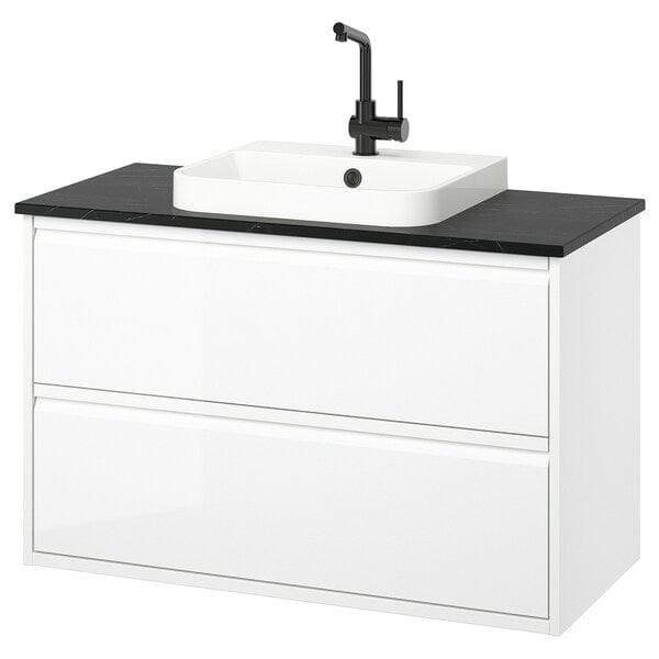 Ikea ÄNGSJÖN / BACKSJÖN - Washbasin/drawer unit/misc, glossy white/black marble effect,102x49x71 cm